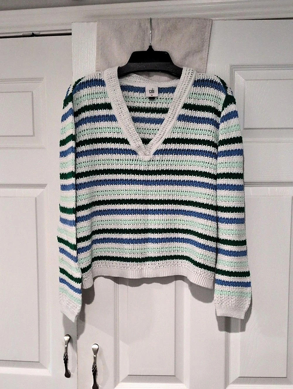 cabi Mix Stitch Pullover Striped V-Neck Sweater Green & White XL